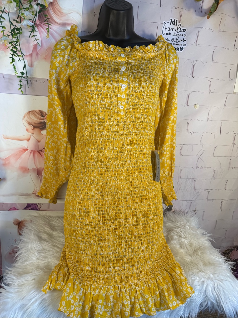 Justify Yellow Floral Smocked Off-Shoulder Midi Dress